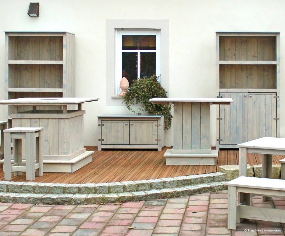 Trend-Holz Gartenschränke, Regale und andere Möbel der Serie Party, farbbehandelt Ansicht Gartenschränke, Regale und andere Möbel der Serie Party, farbbehandelt