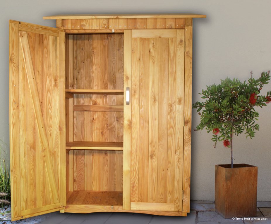 Trend-Holz Gartenschrank 2-türig, aus Lärchenholz mit Einlegeböden und Blechdach Ansicht Gartenschrank 2-türig, aus Lärchenholz mit Einlegeböden und Blechdach