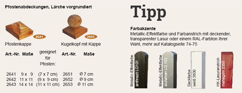 Artikelabbildungen Pfostenabdeckungen Holz und Farbakzente